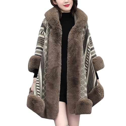 GIBOH Mantón de las mujeres caída e invierno gran cuello de pelo chal con capucha capa de punto temperamento capa suelta capa capa capa,Marrón,One Size