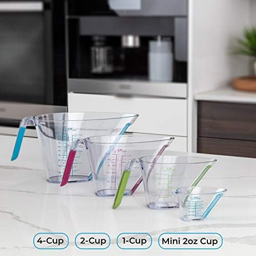 KPKitchen 4-Piece Angled Liquid Measuring Cups Plastic Set - BPA-Free Mini Oz, 1, 2 and 4 Plastic Measuring Cup Sizes - Measuring Cups For Liquids with ML & Cups Measures - Small & Large Measure Cup - Thumbnail 2