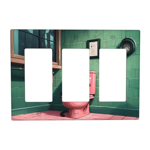 Decorative Outlet Covers Funny Black Cat Newspaper Pink Toilet 3 Gang Wall Plate Triple Rocker Light Switch Cover Plate Jumbo Electrical Gfci Faceplate for Bedroom Decor