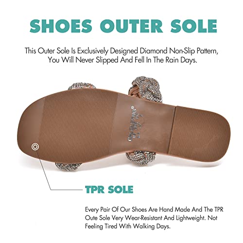 Caloleyng Womens Microfiber Leather Rhinestone Glitter Sparkly Braided Dressy Slip On Flat Sandals Cute Casual Summer Open Square Toe Nude Size 8 #TOP3