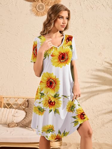 Image of DEARCASE Women's Short Sleeve Casual Sweater Tunic Dress V-Neck Loose Boho Knee Length Fall Summer Petite Stretch A-Line Wedding Guest Flowy Swing Church Tshirt Dresses Sunflower White XX-Large