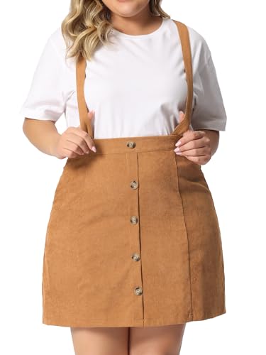 Plus Size Women's Overalls Skirt Button Up Flare A-Line Corduroy Mini Suspender Skirts
