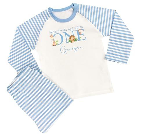 The Baby Box UK Boys Personalised Birthday Pyjamas When I Wake Up I Will Be Birthday PJs 1st Birthday Pyjamas Boys (Blue Stripe Safari 1, 6-12 Months) - Image 4