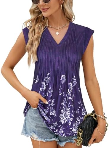 Misyula Womens V Neck Tunic Tops Cap Sleeve Pleated Shirts Summer Casual Flowy Tank Fall Blouses S-XXL