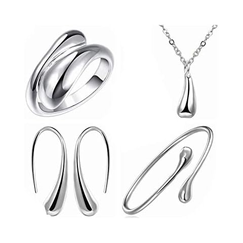Syhonic 925 Silver Jewelry Set for Women, Teardrop Necklace + Earring + Ring + Bangle Set for 4 Pcs, Party Mother's Day Prom Wedding Fashion Accessories Gift Cover