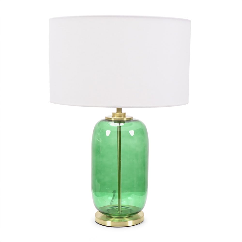 Valuelights Leigh Forest Green Glass And Gold Detail Table Lamp With White Drum Shade LightLed Bulb Included from B&Q