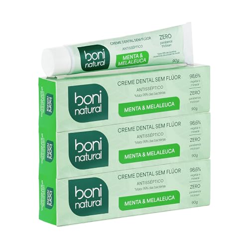 BONI NATURAL - Creme Dental com óleos naturais de Menta e Melaleuca Vegano e Natural, Sem Flúor, Sem Triclosan, 90g, 3 unidades Leve Mais Pague Menos