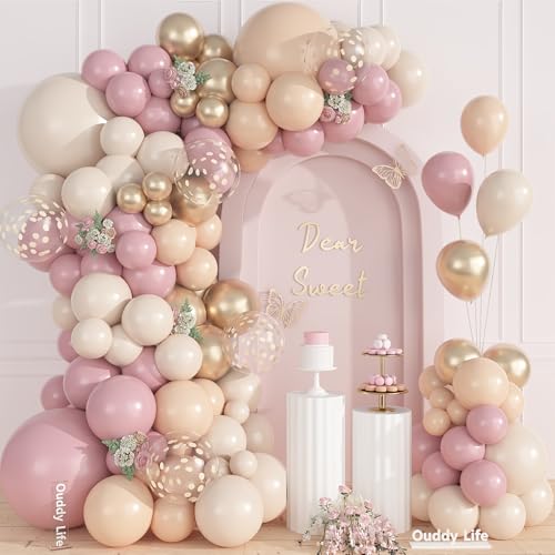 Image of Ouddy Life 157 Pcs Boho Dusty Pink Balloons Arch Garland Kit, Blush Pink Sand White Metallic Gold Different Size Balloon for Baby Shower Birthday Wedding Gender Reveal Mothers Day Party Decorations