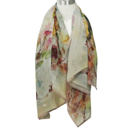 Wrapables 100% Mulberry Silk Floral Painting Square Scarf, Yellow Roses on Pink2