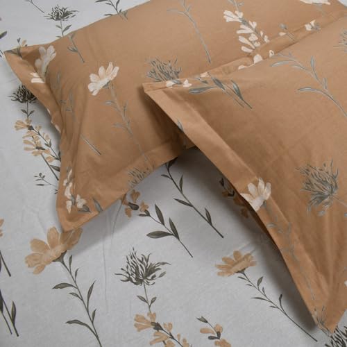 Image of HUESLAND by Ahmedabad Cotton 144 TC Bedsheet for Single Bed with 1 Pillow Cover | White, Tangerine Orange & Grey