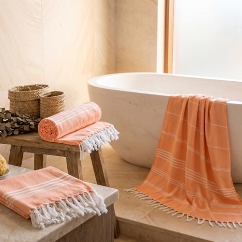 Image of Ultrasoft Bamboo Bath Towel | Quick Dry, Compact & Lightweight | Turkish Striped Satin Weave | Peach | 63x33 Inch | 210 GSM
