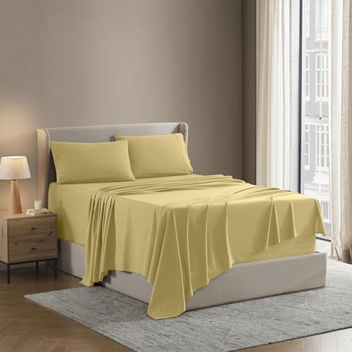 Image of Nestl Full XL Bed Sheet Set - Yellow - 4-Piece Deep Pocket | Instantly Soft, Night-One Ready (No Wash Required). Fits 16-Inch Deep Pockets, 360-Degree Elastic Grip