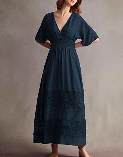 Image of Olaesa Boho Maxi Dress V Neck Short Sleeve Lace Smocked Waist Flowy Dress | Wedding Guest Dress with Pockets, Summer Bohemian Vacation Dress, Elegant Party Dress for Family photo& Baby Shower