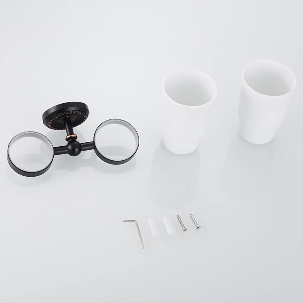 Porta spazzolino da denti a parete, Doppia tazza - Collutorio in ceramica e ottone da parete con organizer for riporre il dentifricio rasoio