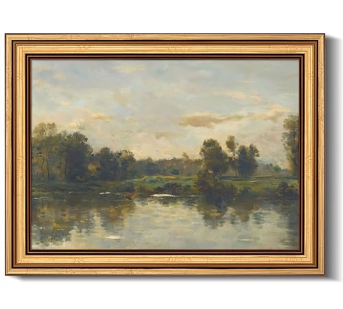Gold Framed Vintage Wall Art Spring River Pond Landscape Painting