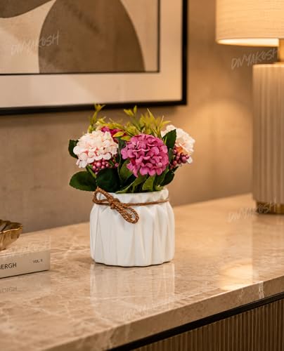 Image of Divyakosh Artificial Flowers Bunch with Vase for Home Decor, Hydrangea Flower Arrangement with Ceramic, Flower Vase's, Home Decoration Items for Living Room, Aesthetic Home Decoration