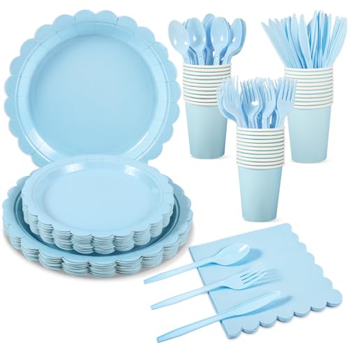 Xiangqu 25 Set Blue Plates and Napkins Scalloped Light Blue Dinnerware