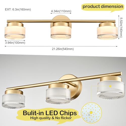 Image of DAYCENT 3-Light Gold LED Bathroom Vanity Light Fixtures