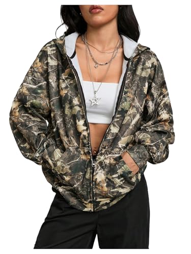 SOLY HUX Womens Y2k Camo Oversized Hoodie Vintage Zip Up Drop Shoulder Streetwear Sweatshirts with Pockets Army Green Camo Medium