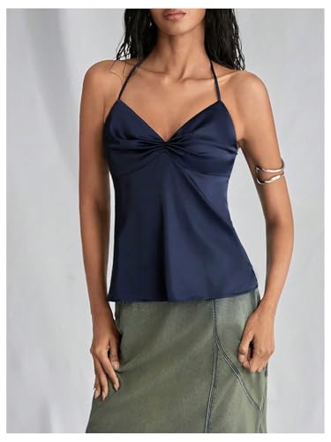 SweatyRocks Women's Ruched Satin Halter Tops Sleeveless Summer Camisole Going Out Top4
