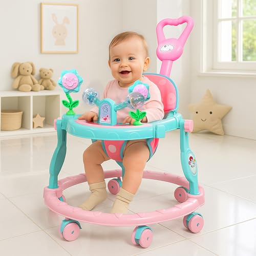Image of Kidsmate Musical Walker for Kids for 6 to 18 Months | Walker for Babies with Rattles, Lights & Push Handle | Adjustable Height, 360 Rotating Wheels | Foldable Baby Walker for Boys & Girls - Pink