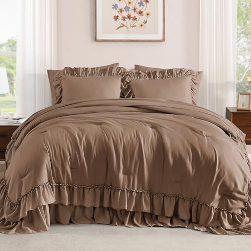 Image of Full Size Comforter Set Amber Brown Ruffle 7 Pieces Farmhouse Bed in a Bag | Shabby Chic Fluffy All Season Bedding Sets with Sheets, Pillowcases & Shams