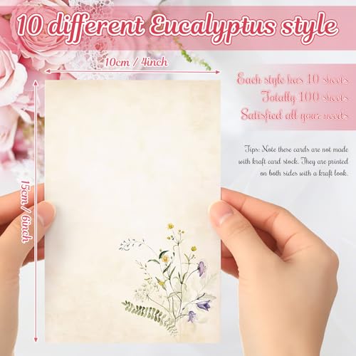 Image of Spiareal 100 Pcs Blank Note Cards Index Card, Fall, 4 x 6 in, Wildflowers | Kraft Cardstock with Eucalyptus Design, Envelopes Included, For Thank You Cards, Weddings, Baby Showers, Office DIY