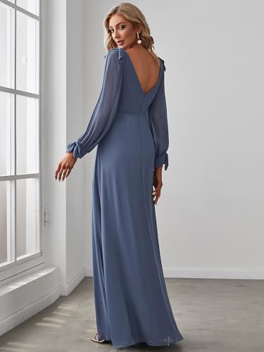 Image of Ever-Pretty Women's Fall Winter Formal Wedding Guest Dress Long Sleeve V Neck Chiffon Floor Length Bridesmaid Dresses 80116