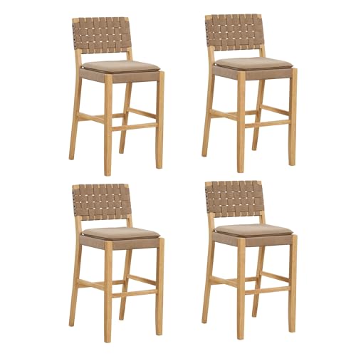 Image of Nathan James Cohen Mid-Century Modern 29 in. Wood Bar Stool, Upholstered Faux Suede Bar Height Stool with Solid Wood Frame, Natural Brown, Set of 4