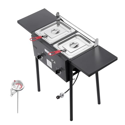VEVOR Friteuse au Gaz Propane à Double Cuve 9Lx2, Appareil de Cuisson au Propane en Acier Inoxydable, Autoportant avec Plateforme Pliable et Réglage de la Chaleur, pour Extérieur Restaurant Snack-bar – vue 9