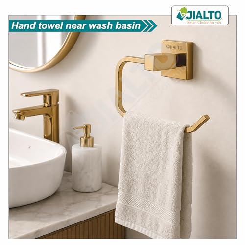 Image of JIALTO Premium Gold Finish Towel Ring - Wall Mounted, Rust-Free, Stainless Steel Towel Holder for Bathroom & Kitchen (Gold, Pack of 2)