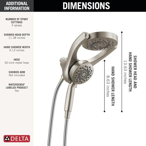 Image of Delta 5-Setting HydroRain 2-in-1 Dual Shower Head with ProClean Spray, Brushed Nickel High Pressure Shower Head with Handheld Spray, 1.75 GPM Flow Rate, Satin Nickel 75419SN