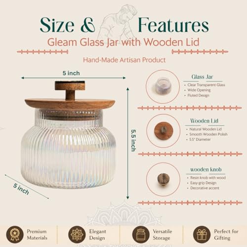 Image of Gleam Glass Jar with Wooden Lid & Resin Knob - Aesthetic & Durable Glass Storage Jar for Organizing Kitchen & Home Essentials