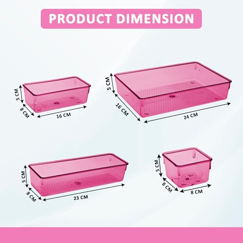 Image of Kuber Industries Acrylic Set of 25 Transparent Cosmetic Organizer Tray | Drawers Organisers for Kitchen, Office and Bathroom Vanity Makeup | Stationery Storage Drawer Divider Tray | Pink