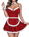 Avidlove Women's Maid Costume Cosplay Lingerie Outfits Sexy Schoolgirl Roleplay Lingerie Babydoll Wine Red XXL