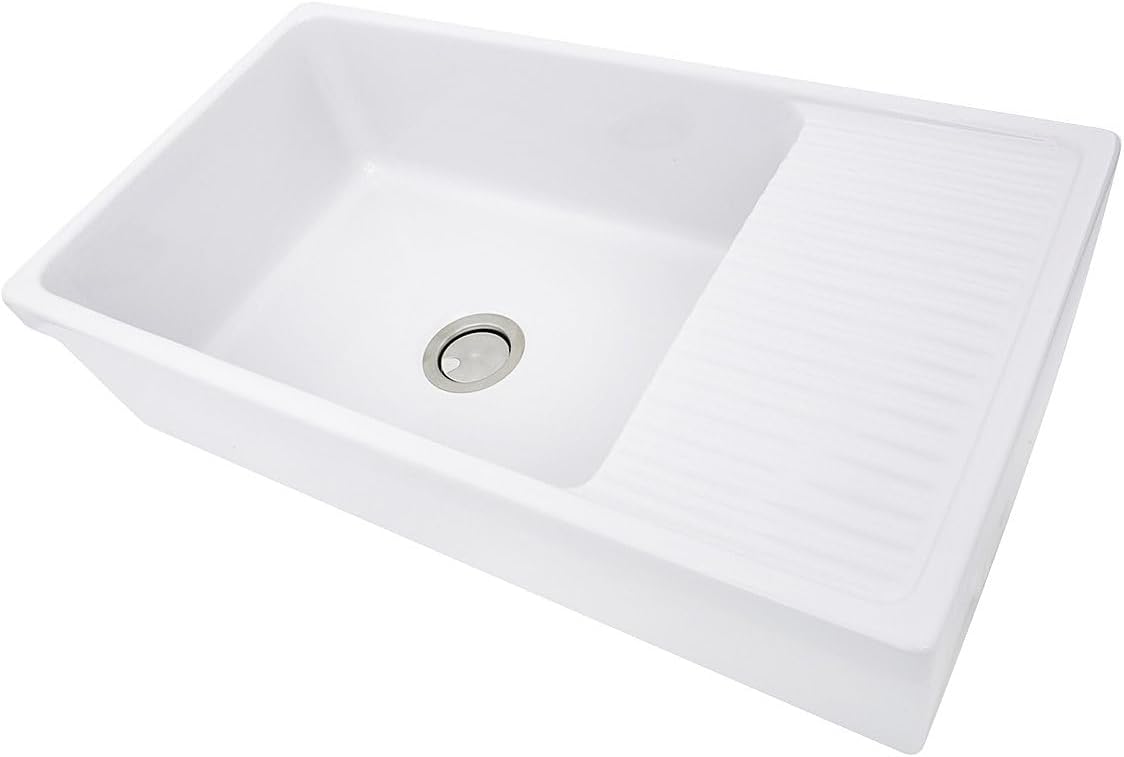 Nantucket Sinks Farmhouse Sink – 36" White Fireclay Apron Farm Kitchen Sink, Built-In Drainboard, Single Bowl, Undermount, Reversible, Made in Italy – Easy Clean, Scratch Resistant – Cape Collection