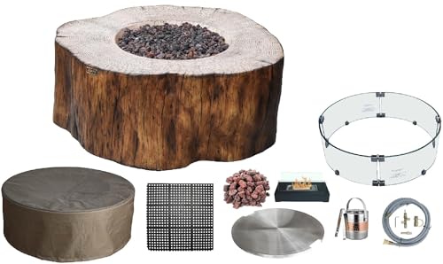 AMS Fireplace Elementi Red Wood Manchester Natural Gas Fire Pit Table for Outside Patio Bundle with Wind Guard and SS Burner Lid | Free Rubber Mat, Ice Bucket and Counter-top Lantern