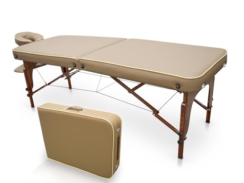 QUIRUMED Camilla de Masaje para SPA, Portátil, de Madera, Color Arena, Madera Barnizada, Polipiel, Relleno de Alta Densidad, Altura Regulable, Plegable, Cabezal Desmontable, hasta 210 kg