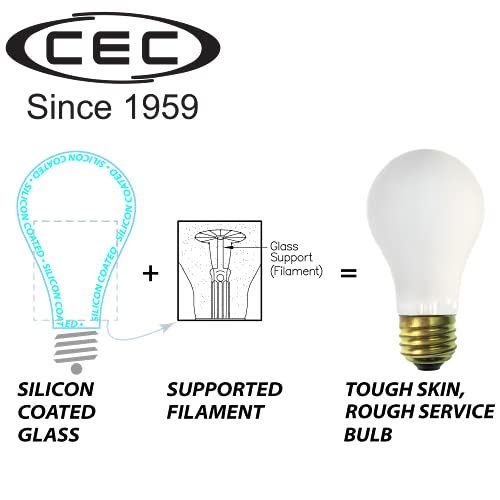 CEC Industries TS100 A19 Frosted Incandescent Replacement Edison Bulb, Silicone-Coated, 130V, 100W, E26 Medium Screw Base, Soft White (6-Pack) - Thumbnail 3