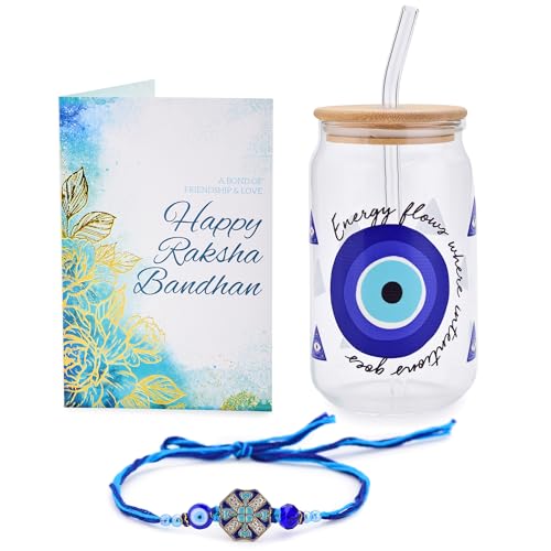 Image of To The Nines Rakhi Gift for Brother - Gift Pack of Evil Eye Tumbler, Rakhi, Tilak Material & Greeting Card