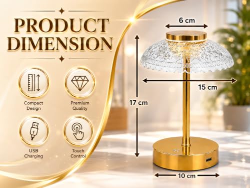 Image of Humongous LED Crystal Table Lamp with Touch Control, 3 Color Modes, USB Rechargeable, Gold Acrylic Flower Shade, Dimmable Bedside Lamp for Bedroom, Living Room, Office, Cafe Decor & Gifts Use