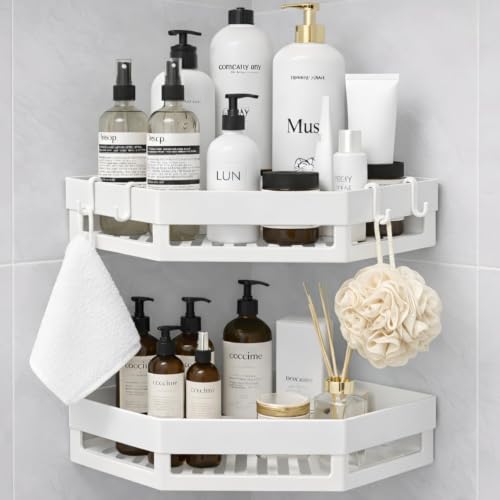 Image of HOUSE OF VIPA No Drill Bathroom Corner Shelf Organizer | Wall Mounted Plastic Corner Rack for Bathroom & Kitchen | 2-Tier Shelves with 4 Hooks | Rustproof, Heavy Duty Storage | (Set of 2) White