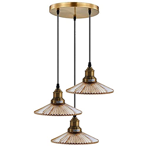 LEDSone Modern 3 Head Ceiling Pendant Lights Ribbed Glass Yellow Brass Finish Lampshade Cluster Light Fixture with E27 Lighting Kit for Home Kitchen Hallway Restaurant(Without Bulb)