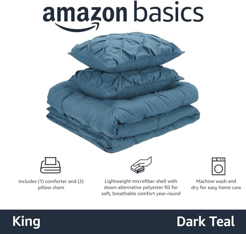 Image of Amazon Basics Soft King Size Comforter Set, All-Season Down-Alternative 3-Piece Bedding Set, Pinch Pleat Design with Piped Edges, Dark Teal