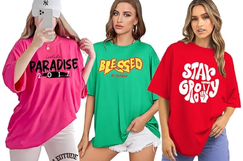 Image of LEOTUDE Oversized Cotton Blend Printed Women's T-Shirts Combo (Pack of 3)