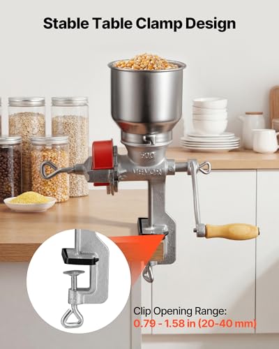 Image of VEVOR Manual Grain Mill with High Hopper, Hand-Crank Corn Grinder, Heavy Duty Cast Iron Wheat Grinding Mill with Stable Table Clamp & Dust Cover for Grains Spices Coffee Beans Nuts