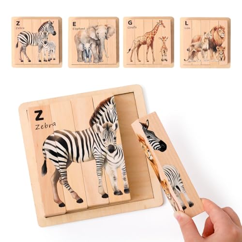 IEATFO 4 in 1 Wooden Animal Chunky Puzzle, 5 Solid Wood Puzzle Blocks with 4 Sides Realistic Safari Animals, Wooden Block Puzzle with Durable Base for Toddlers 3+ Years - Montessori Inspired