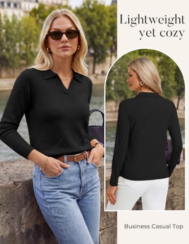 Women Black Fall Lightweight Pullover Sweater Cozy V Neck Collared Knit Top — view 4
