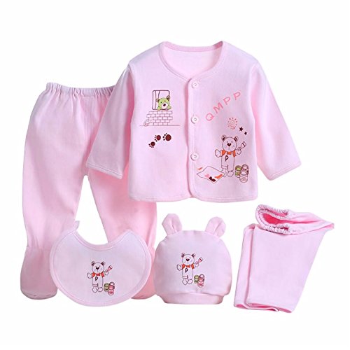 5PCS Newborn 0-3M Boys Girls Baby Cotton Clothes Tops Hat Pants Suit Outfit Sets OneSize