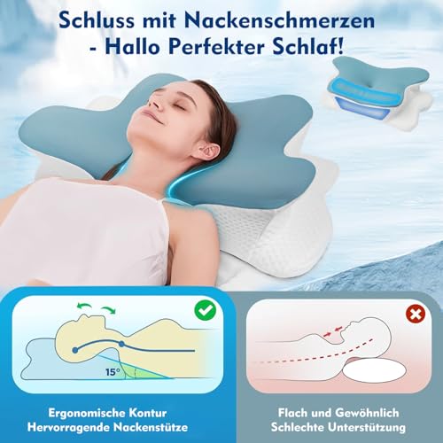 Kopfkissen gegen Nackenschmerzen – Orthopädisches Memory Foam Nackenstützkissen, Ergonomisch & Höhenverstellbar – Bücherkissen für Seiten-, Rücken- & Bauchschläfer –, Atmungsaktiv & Waschbar Bezug